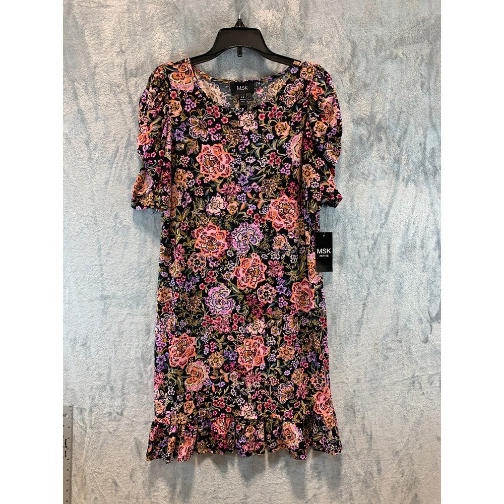 MSK Petite Black Floral Ruffle Hem Puff Sleeve Jersey Dress PS 91817267M